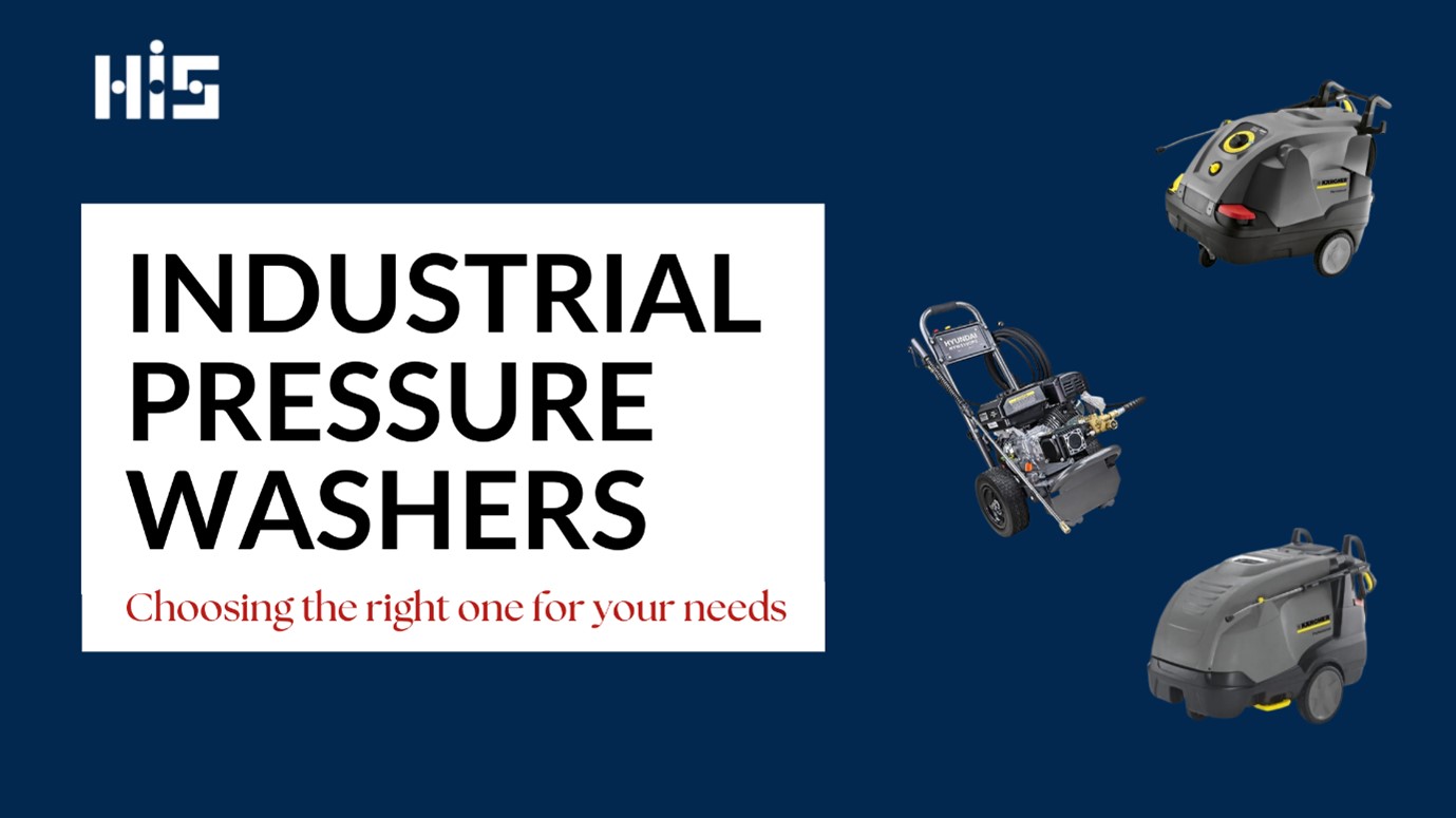 Blog banner with image of three industrial pressure washers.  The text says “Industrial Pressure Washers: Choosing the right one for your needs”