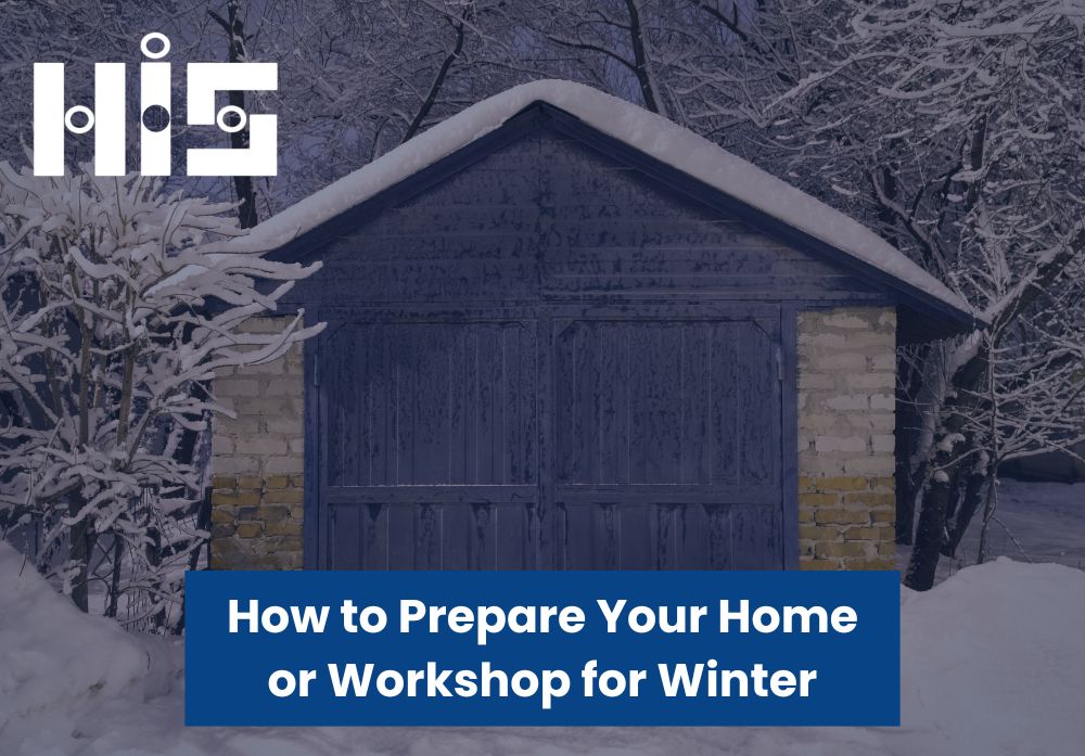 outdoors in winter, view of a garage covered in snow with the blog title spanning the bottom middle section of the image
